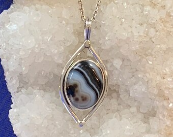 Black agate pendant set with sterling silver, Botswana agate, lace agate