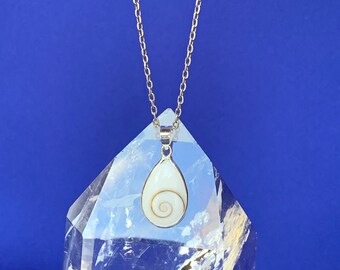 Shiva eye or Saint Lucia eye pendant set with sterling silver, natural Sea shell, tear drop shape