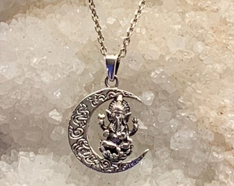 Ganesha pendant made with sterling silver meditating Ganesh on a moon crescent