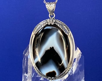 Large black agate pendant set with sterling silver, Botswana agate