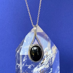 Jet pendant set with sterling silver, natural black stone, modern setting