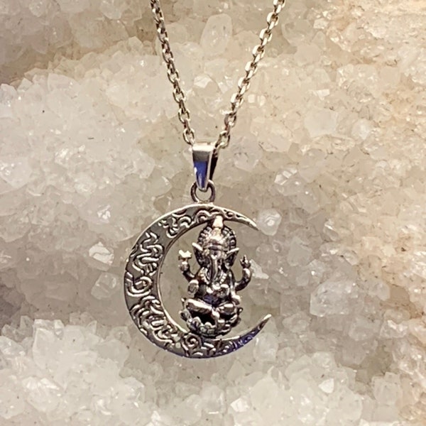 Ganesha pendant made with sterling silver meditating Ganesh on a moon crescent