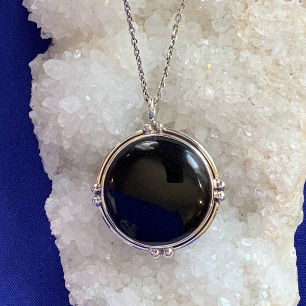 Pendentif obsidienne et argent sterling, pierre noire ronde