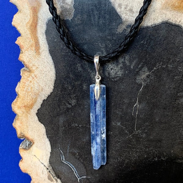 Kyanite necklace on black cord sterling silver closing, natural rough crystal, throat chakra stone