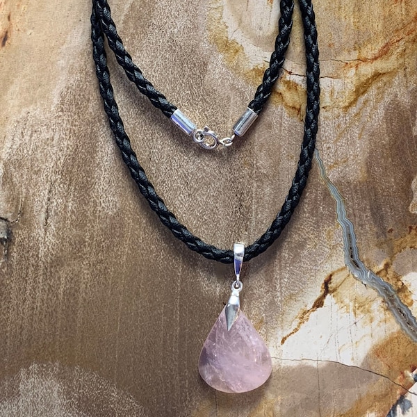 Rose quartz necklace on black cord sterling silver closing for a man or a woman