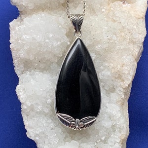 Jet pendant set with sterling silver natural black stone, large size
