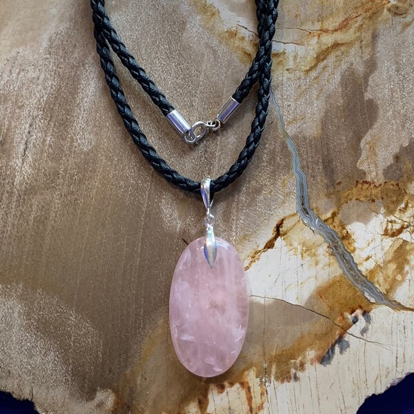 Rose quartz necklace on black cord sterling silver closing for a man or a woman