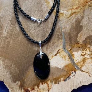 Obsidian necklace, black cord, sterling silver closing, natural protective stone, for a man or a woman