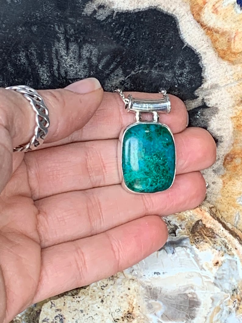 Chrysocolla pendant set with Sterling silver for man/'s or woman/'s rectangular shape