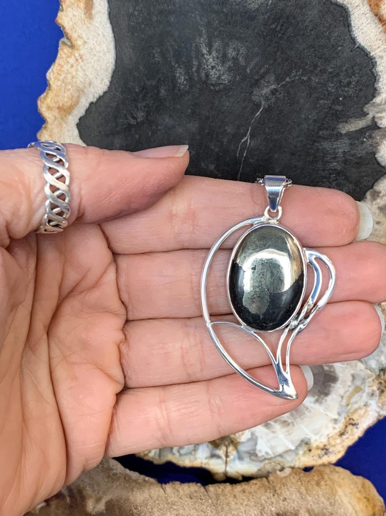 Pyrite and sterling silver pendant, leaf shape design image 7