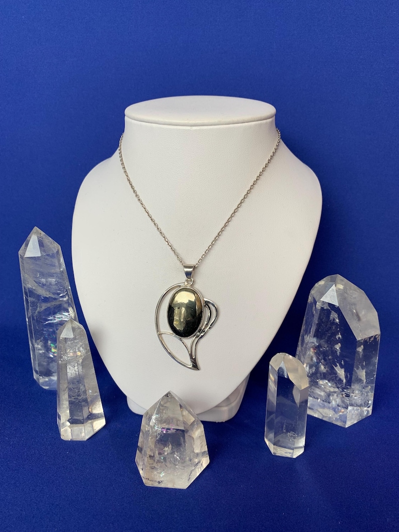 Pyrite and sterling silver pendant, leaf shape design image 2