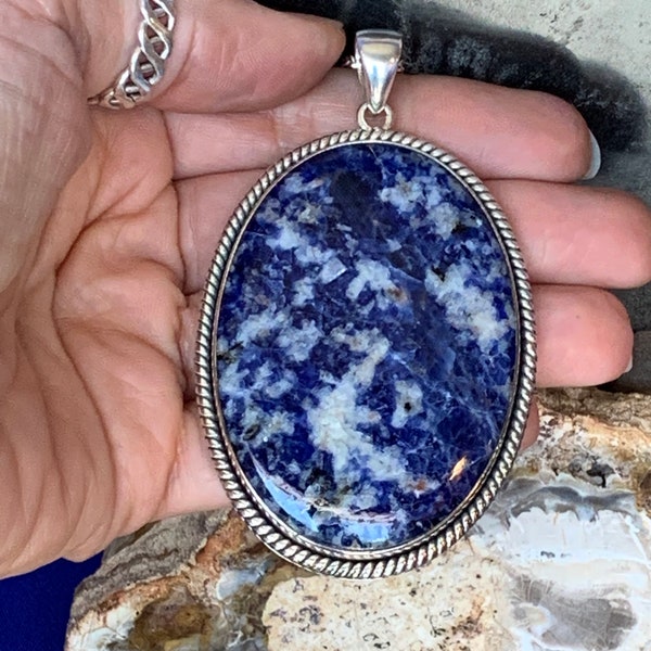 Large sodalite pendant set with sterling silver, natural blue stone from Bancroft, Ontario, Canada
