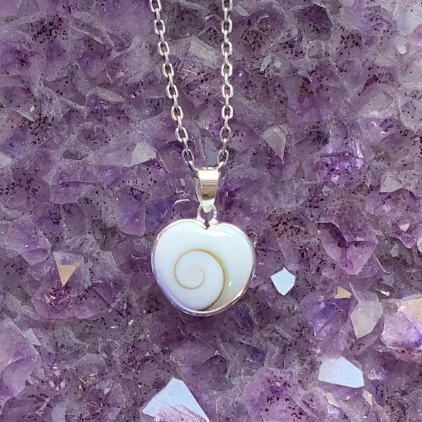 Pendentif oeil de Shiva et argent sterling, forme de coeur, coquillage blanc spirale