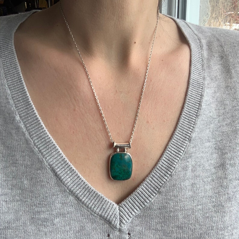 Chrysocolla pendant set with Sterling silver for man/'s or woman/'s rectangular shape
