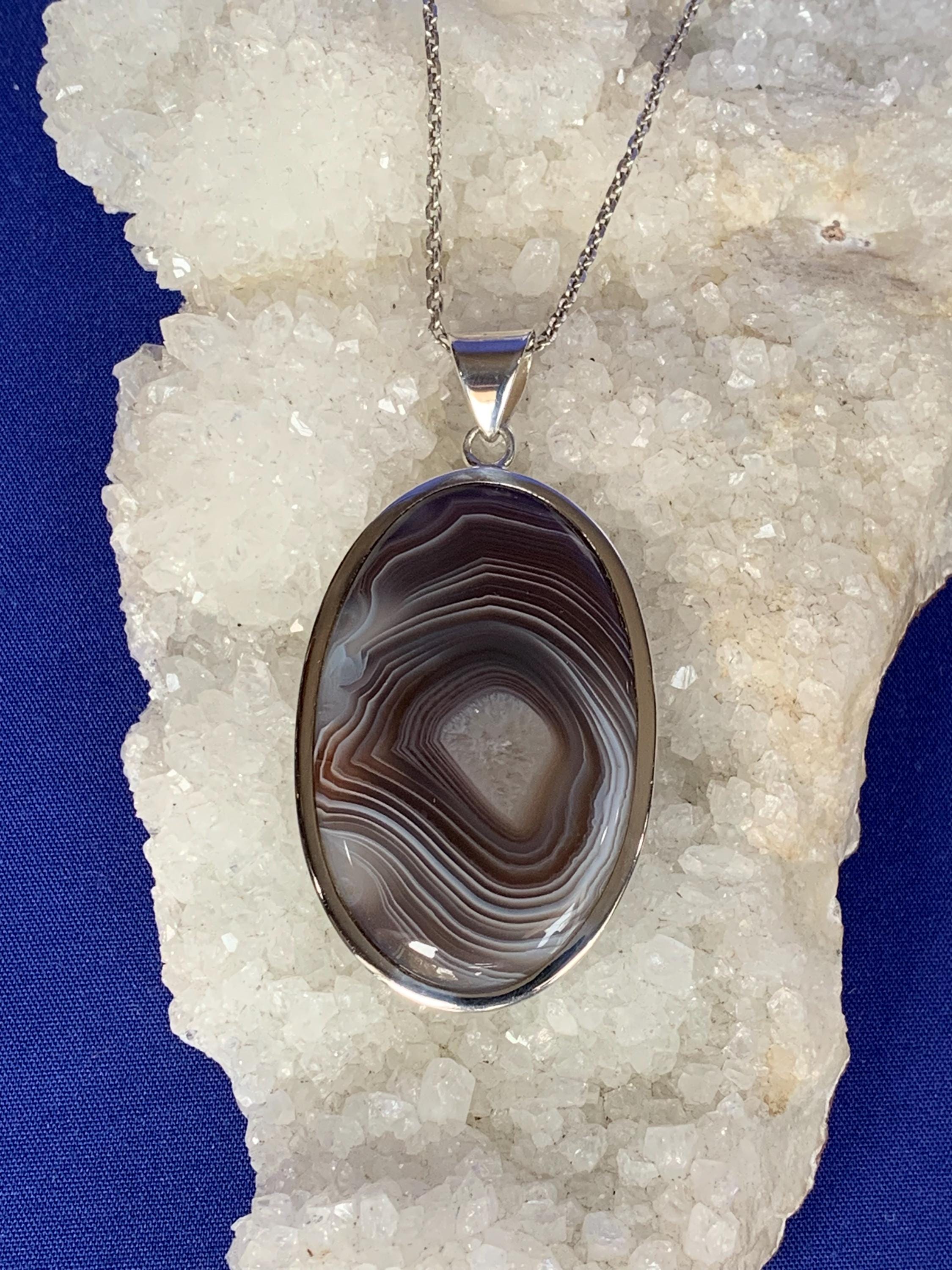 Large agate pendant set with sterling silver, Botswana agate