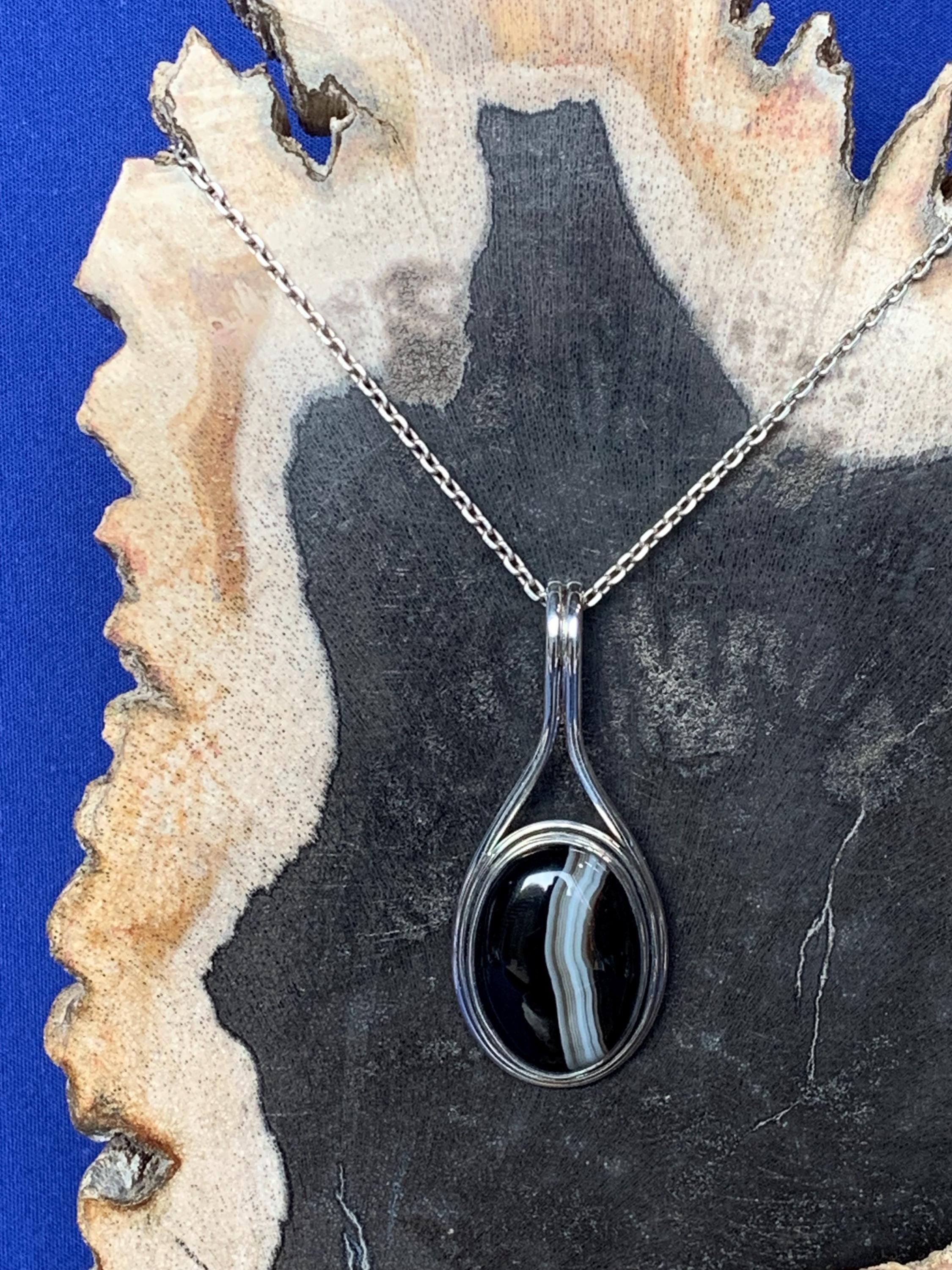 Collier Imposant En Agate Noire Du Botswana Et Argent 925 - Bijou Neuf Sans Emballage
