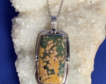 Orbicular ocean jasper pendant, sterling silver, large size