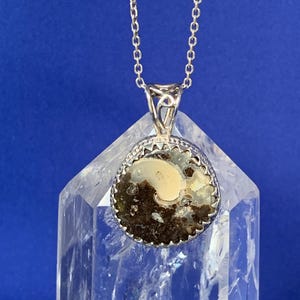 May include: A silver pendant necklace featuring a circular stone with a textured, dark brown and cream-coloured surface. The pendant is held by a decorative silver bail and hangs from a delicate silver chain, showcasing a detailed metal edge.