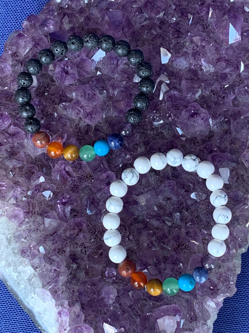 Child 7 chakras rainbow elastic bracelet black or white stone beads 6 mm natural stones image 9