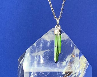 Green tourmaline pendant set with sterling silver, green tourmaline crystal, natural point