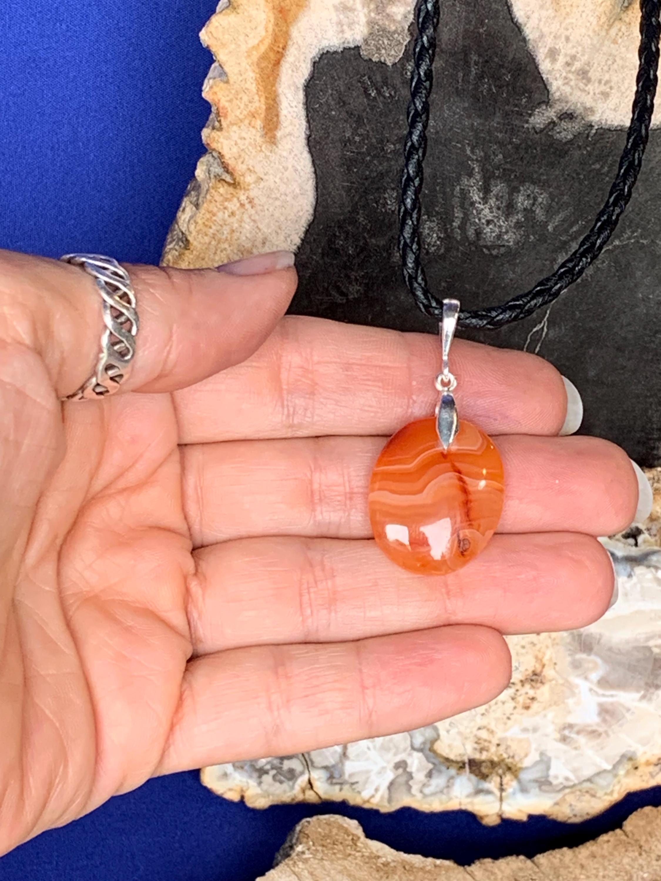 Carnelian Necklace on Black Cord Sterling Silver Closing for