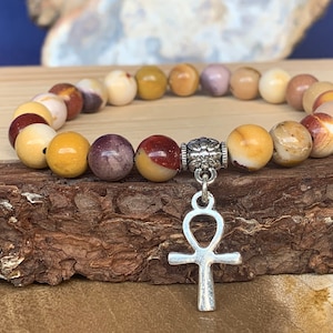 Ankh bracelet on elastic cord with 8 mm natural stone beads, Mokaite jasper