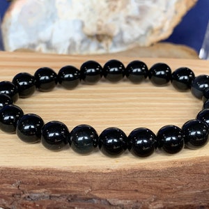 Obsidian bracelet elastic ,stretch cord, natural black stone, 8 mm