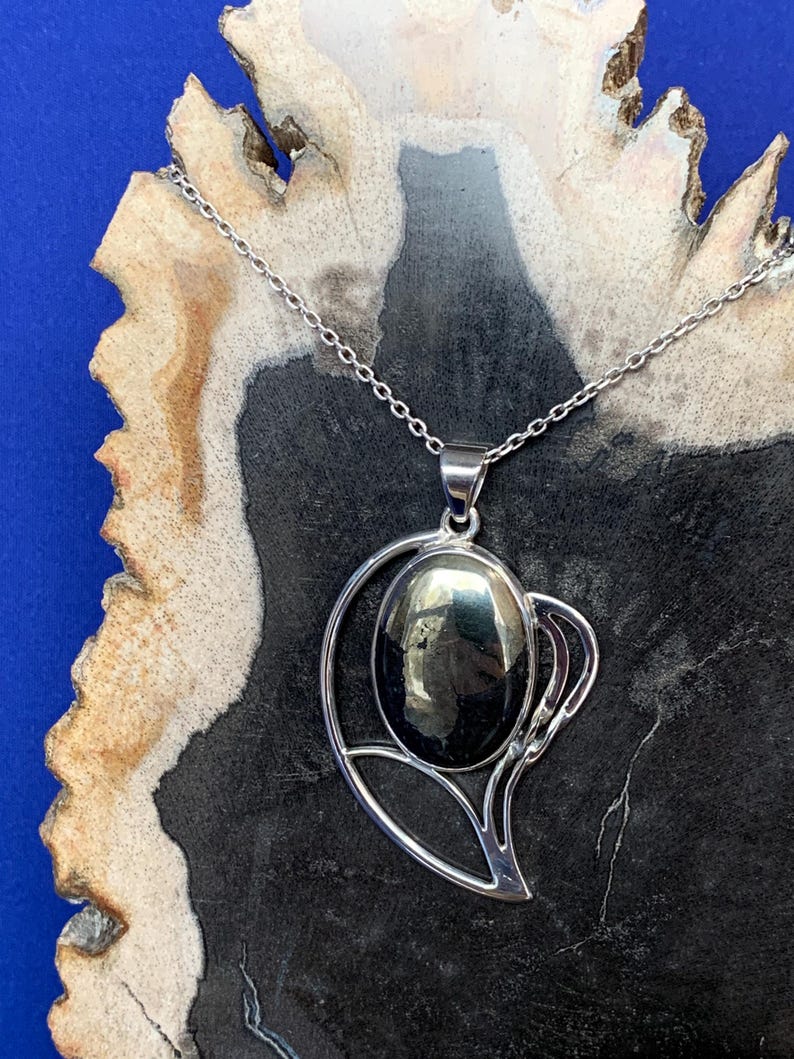 Pyrite and sterling silver pendant, leaf shape design image 6