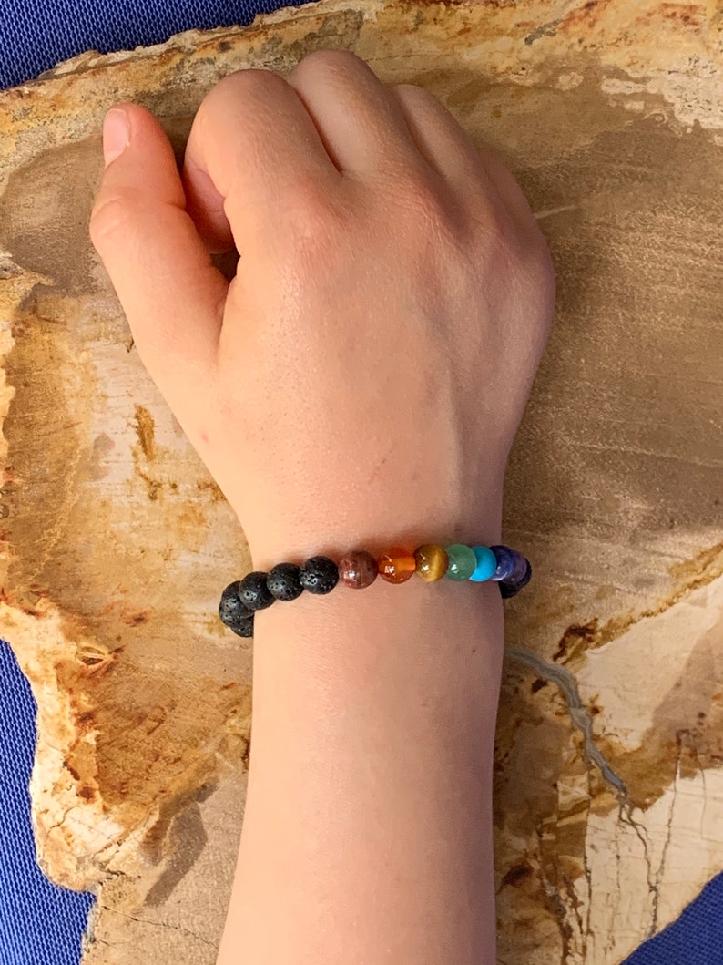 Child 7 chakras rainbow elastic bracelet black or white stone beads 6 mm natural stones image 5