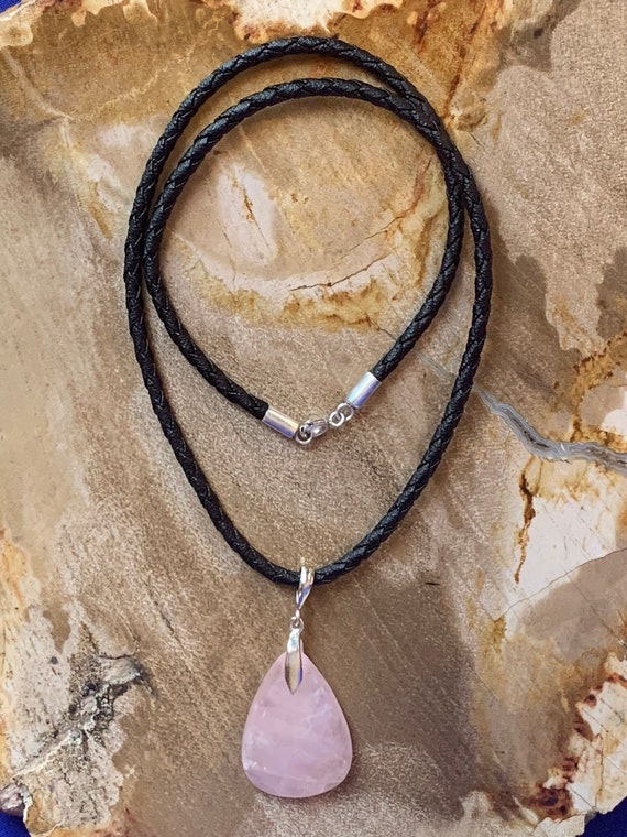 Rose Quartz Necklace on Black Cord 