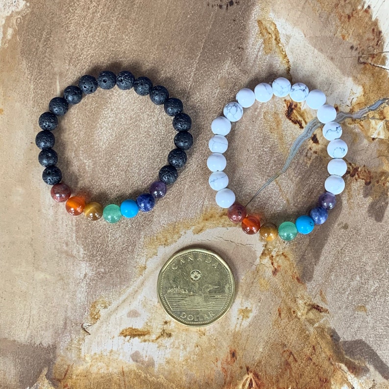 Child 7 chakras rainbow elastic bracelet black or white stone beads 6 mm natural stones image 4