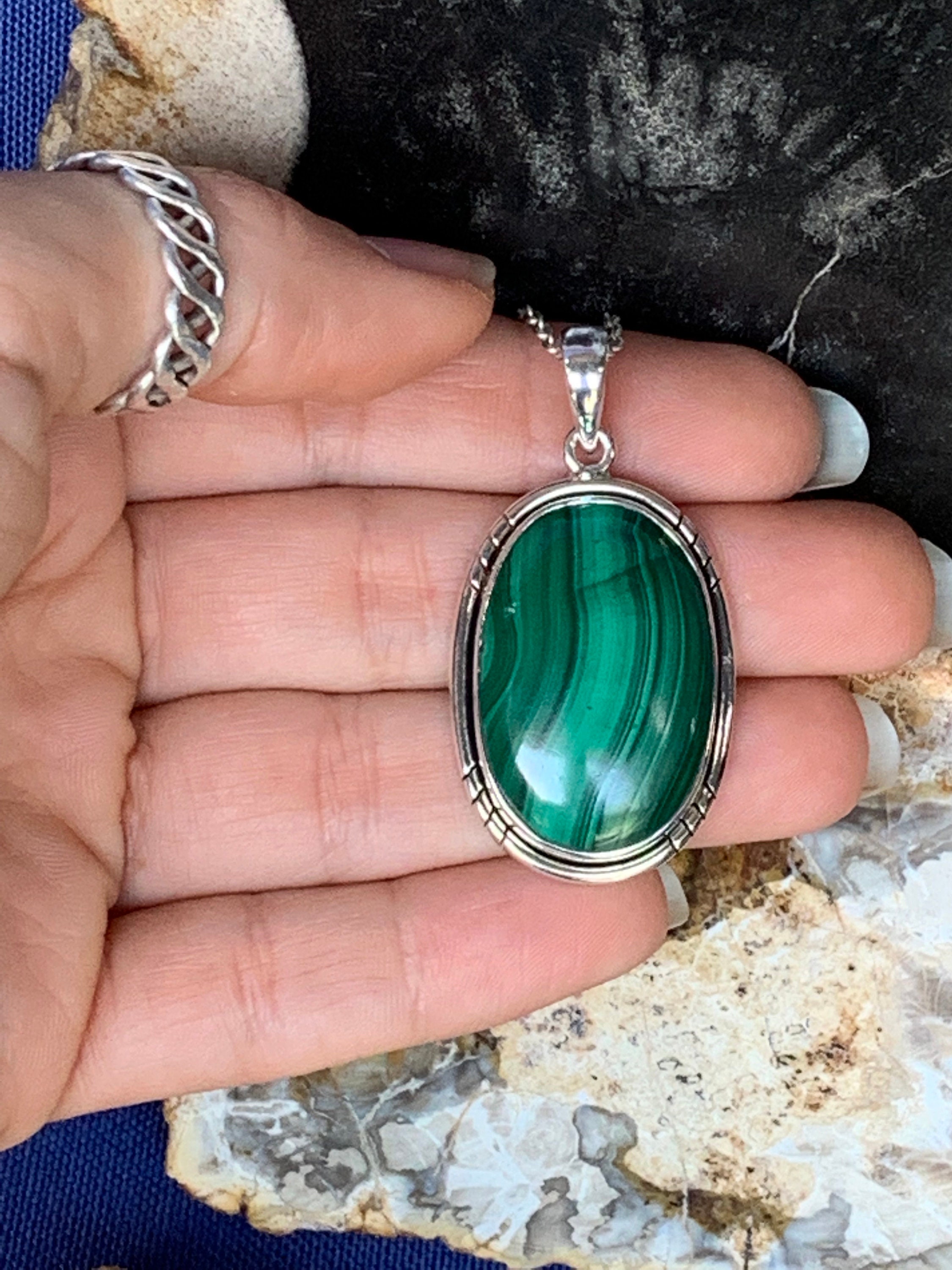 Malachite pendant set with sterling silver for man's or | Etsy