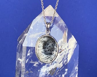 Dendrite opal pendant set with sterling silver, dendrite agate, simple setting, oval shape