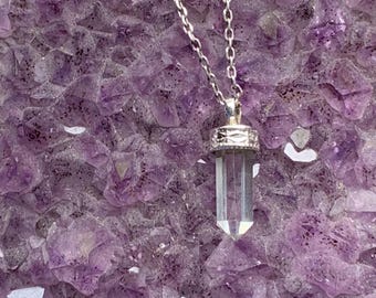 Clear quartz pendant set with sterling silver, natural rock crystal clear stone