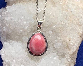 Rhodochrosite pendant set with sterling silver, finely worked silver