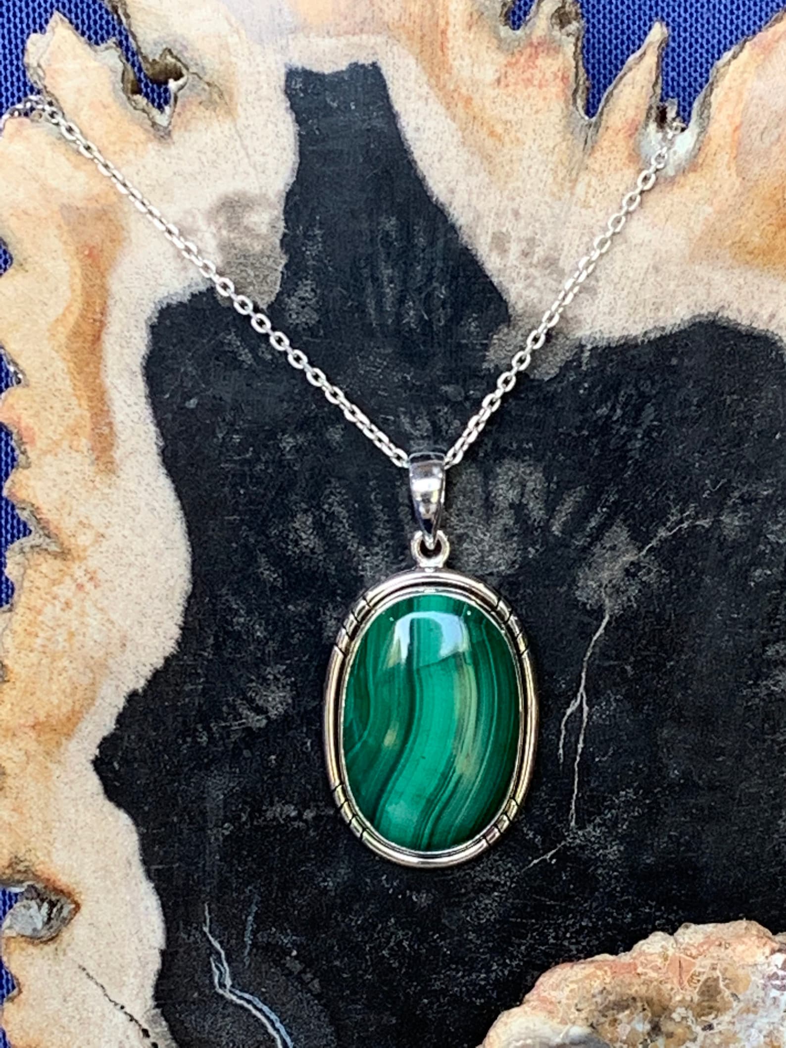Malachite pendant set with sterling silver for man's or | Etsy