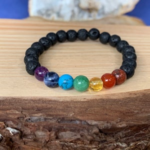 Child 7 chakras rainbow elastic bracelet black or white stone beads 6 mm natural stones image 3