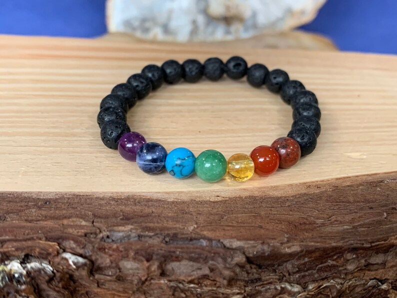 Child 7 chakras rainbow elastic bracelet black or white stone beads 6 mm natural stones image 3