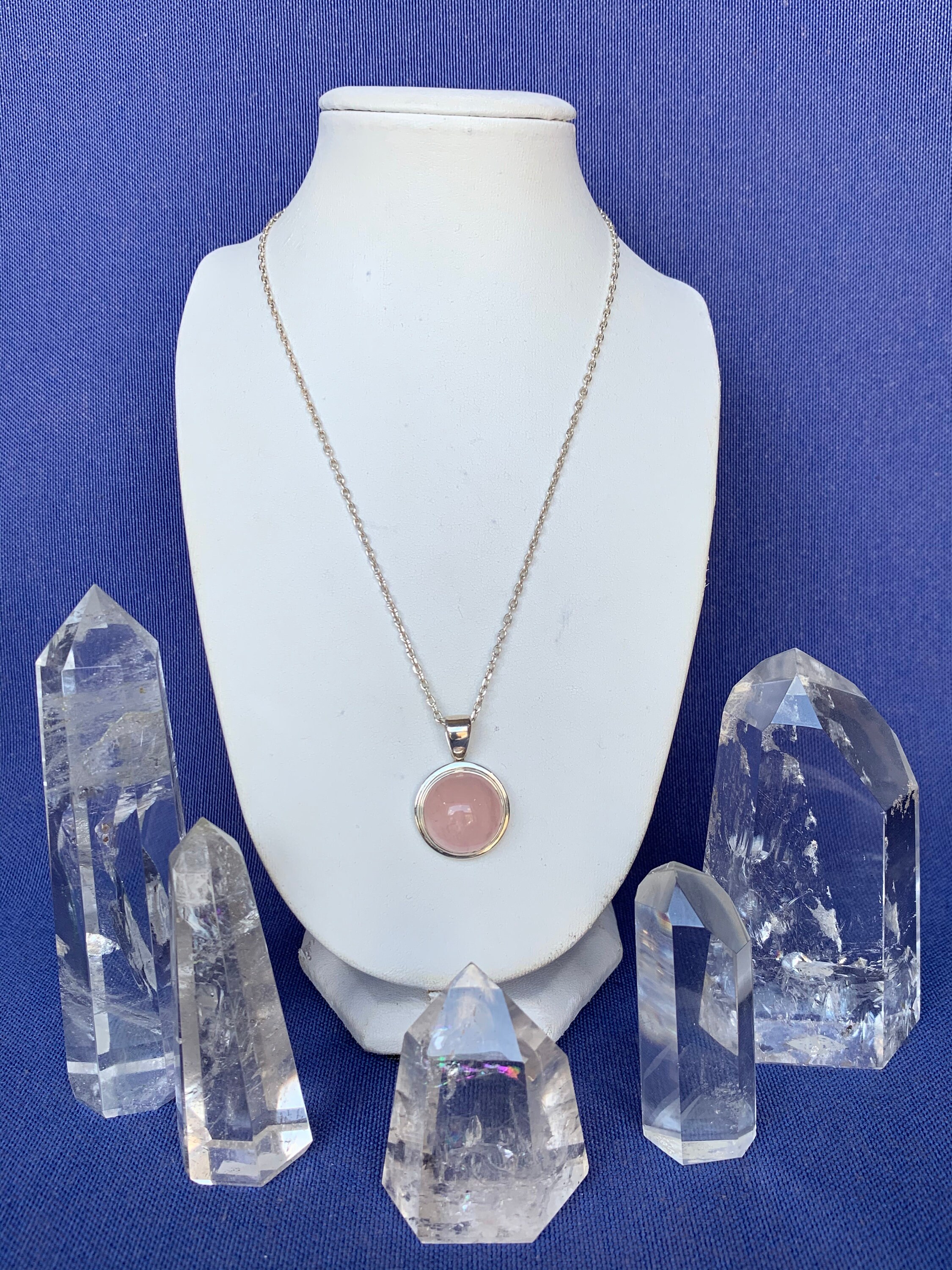 Rose quartz pendant set with Sterling silver rond shape Etsy