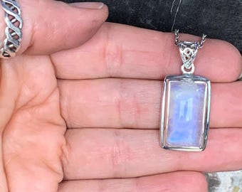 Moonstone pendant set with sterling silver, strong blue reflection stone with rainbow, for a man or a woman
