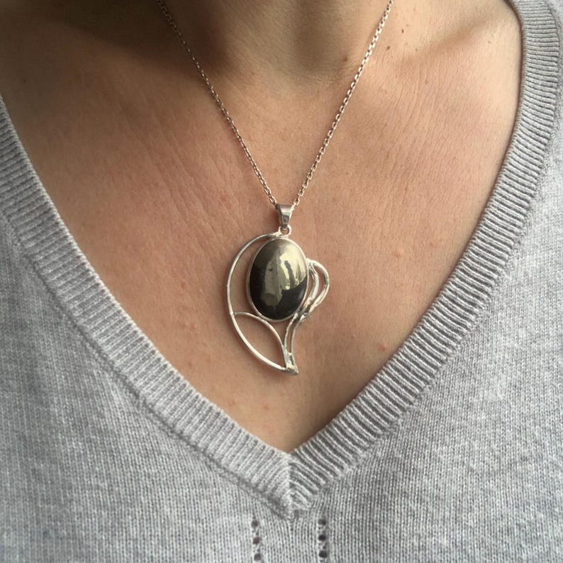 Pyrite and sterling silver pendant, leaf shape design image 9