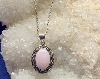 Pink opal pendant set with sterling silver, Peruvian opal, small size