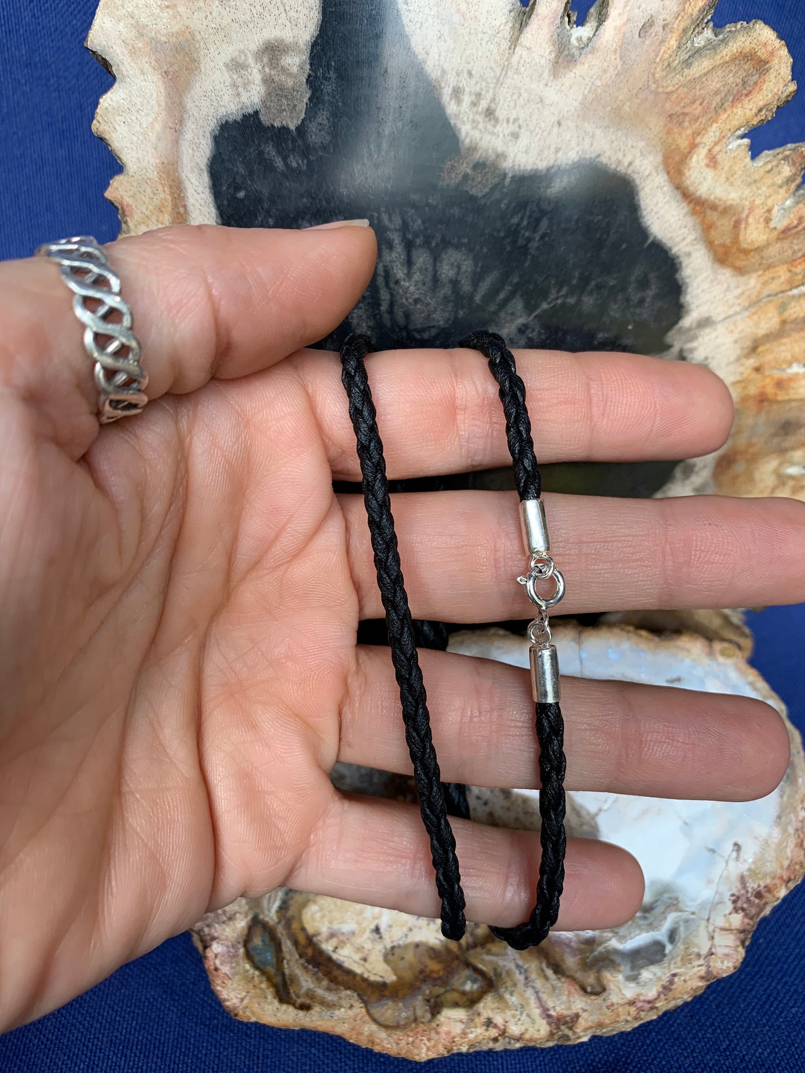 Black Braided Cord Necklace Sterling Silver Claps and Etsy