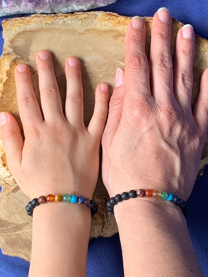 Child 7 chakras rainbow elastic bracelet black or white stone beads 6 mm natural stones image 6