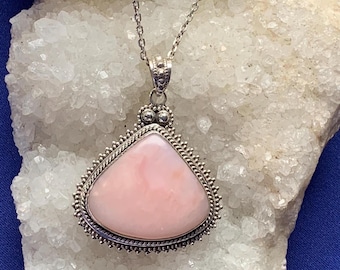Pink opal pendant set with sterling silver, Peruvian opal, large size