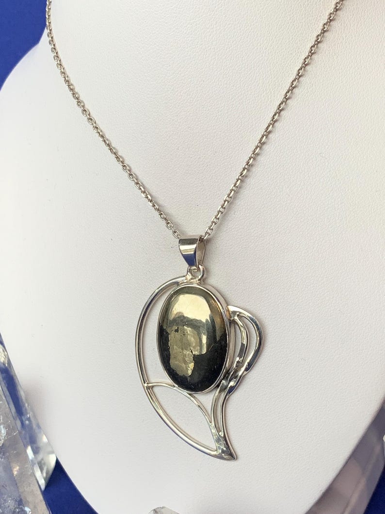 Pyrite and sterling silver pendant, leaf shape design image 3