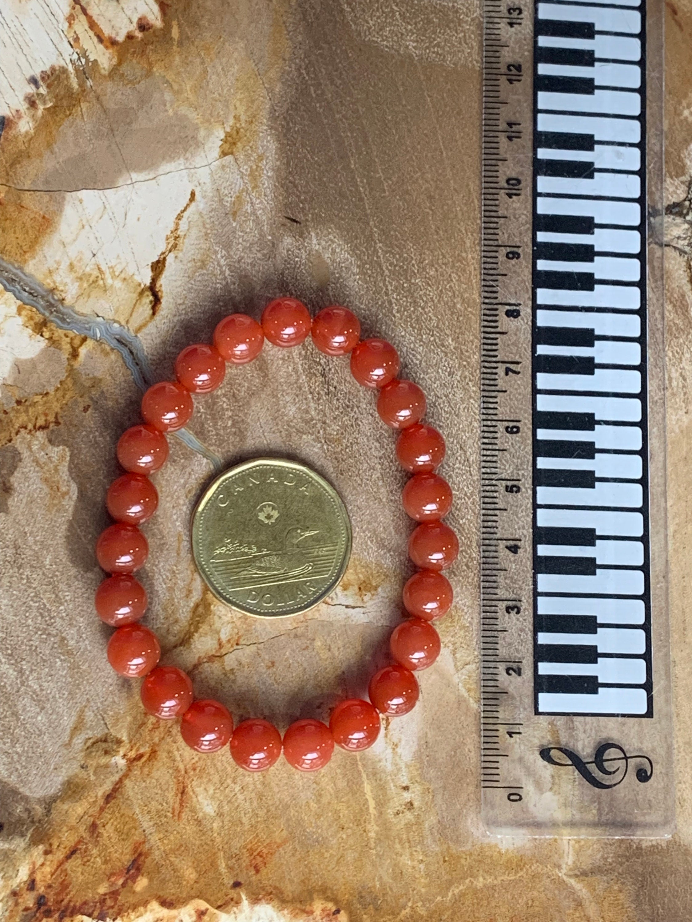 Bracciale In Pietra Naturale Corniola 6mm - Elastico, Fatto A Mano - Arancio E Bianco - Regalo Benessere