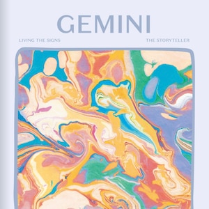 Op de afbeelding: Een kleurrijke abstracte illustratie met draaiende patronen in tinten roze, geel, blauw en groen. De illustratie heeft de titel "GEMINI THE STORYTELLER" en maakt deel uit van een serie genaamd "LIVING THE SIGNS".
