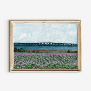 May include: A watercolor painting of a field of purple flowers with a bridge in the background. The sky is blue with white clouds.
