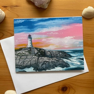 Carte de voeux Peggy's Cove / Coucher de soleil en Nouvelle-Écosse / Carte aquarelle